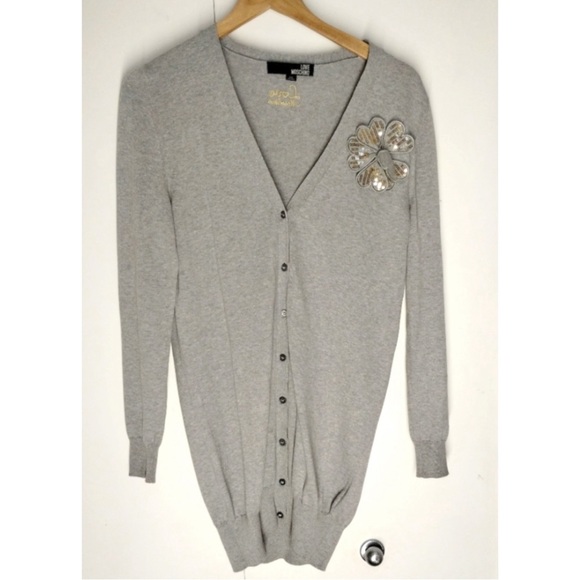 Love Moschino Light Gray Long Cardigan with Embellished Flower, size Medium - Picture 2 of 7